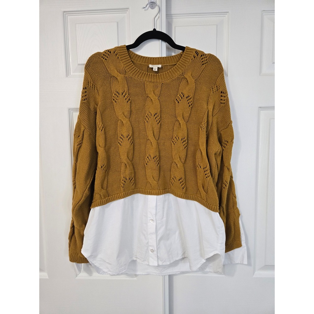 Pilcro Anthropologie Mustard Yellow Cable Knit Mixed Media Layered Sweater L